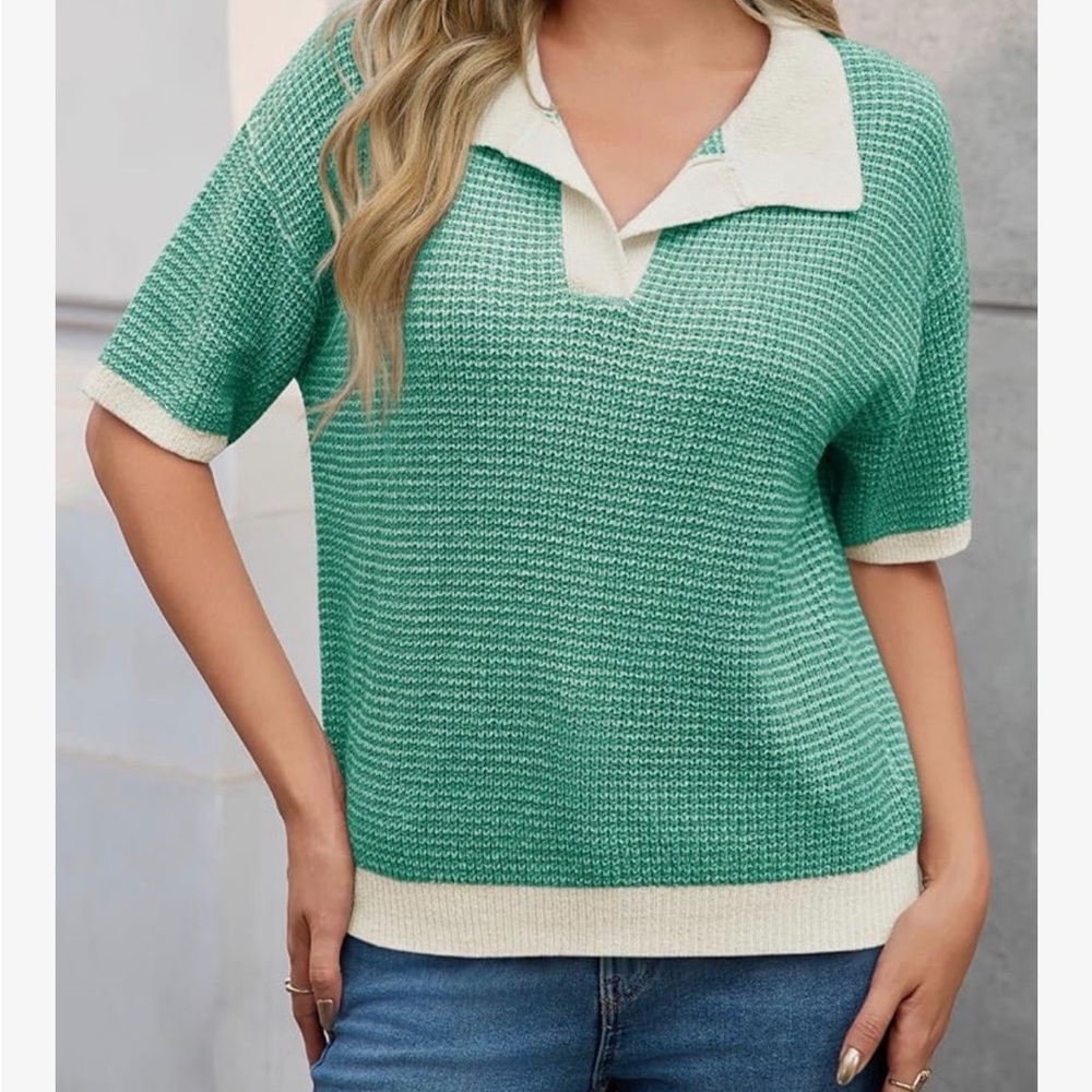 Green and Cream Knit Polo Shirt